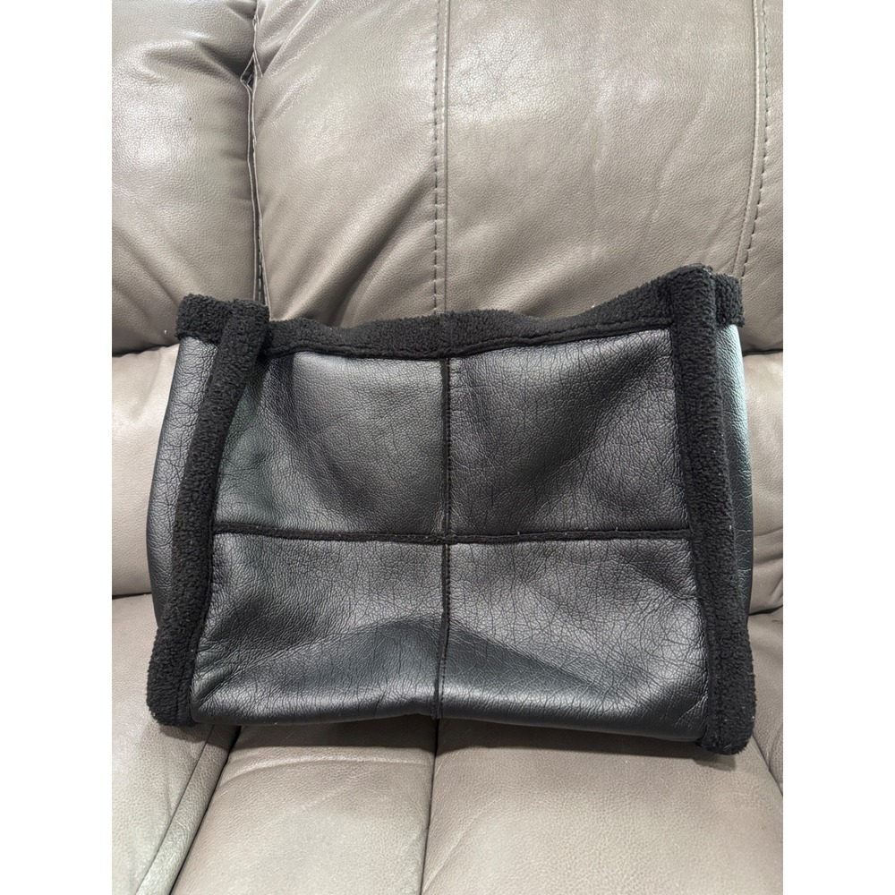 Black Leather Sherpa Trim Tote Bag Shearling Style Large Handbag